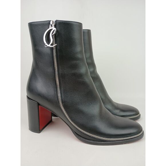 Christian Louboutin Women's Black CL Zip Bootie Leather Ankle Boots Size 40.5